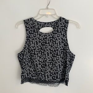 Aqua Black And White Floral Crop Top with Lace